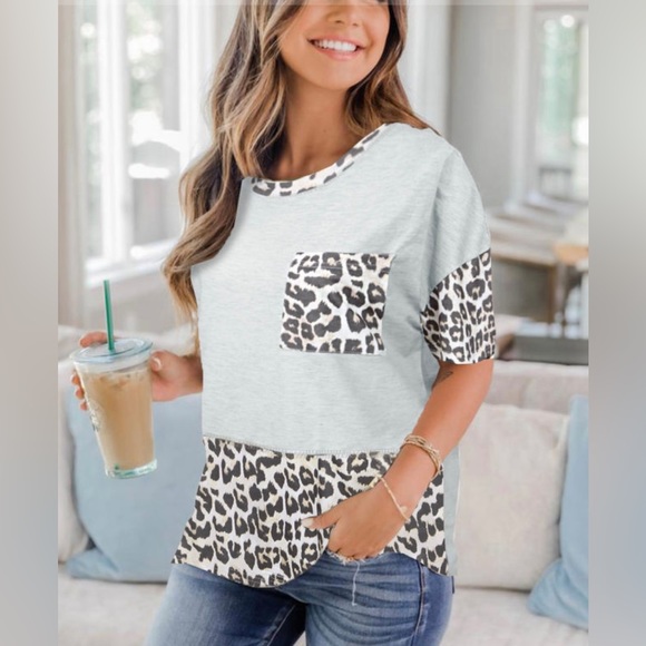 Tops - Leopard Print Color Block Short Sleeve Top